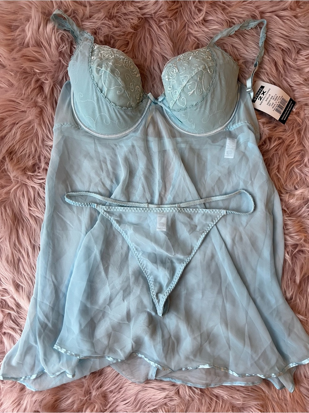 NWT George Light Blue Lace Babydoll Chemise with Matching Thong Plus Size